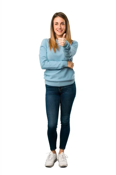 Full Body Blonde Woman Blue Shirt Giving Thumbs Gesture Because — Stock Photo, Image