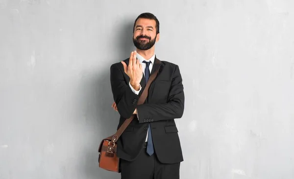 Businessman Beard Inviting Come Hand Happy You Came — Stock Photo, Image