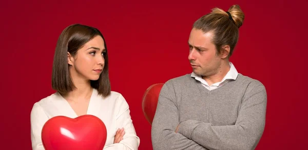 Couple Valentine Day Feeling Upset Red Background — Stock Photo, Image