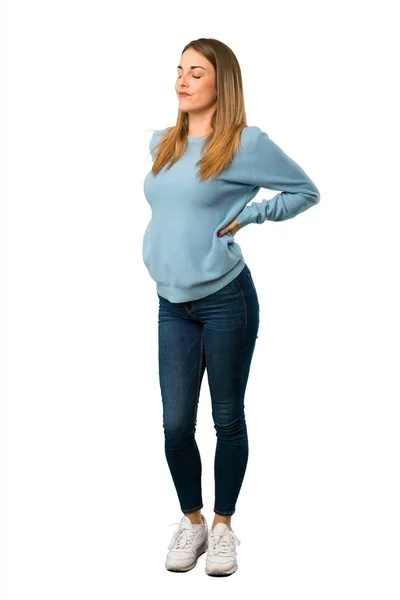 Full Body Blonde Woman Blue Shirt Suffering Backache Having Made — Stock Photo, Image