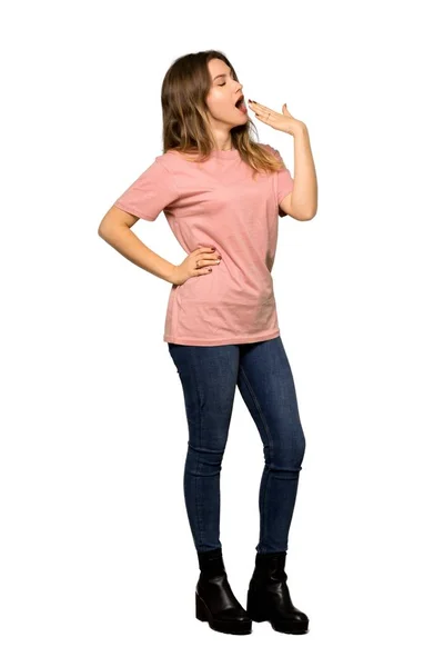 Full Length Shot Teenager Girl Pink Sweater Yawning Covering Wide — Stock Photo, Image