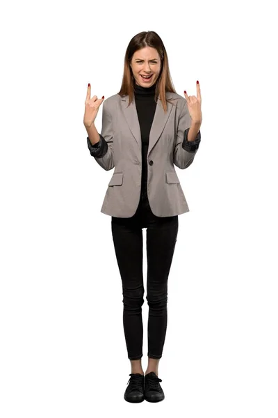 Full Length Shot Business Woman Making Rock Gesture Isolated White — Stock Photo, Image