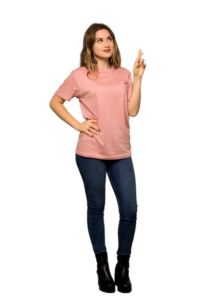 Eine Ganzkörperaufnahme Eines Teenagermädchens Mit Rosa Pullover Die Daumen Drücken — Stockfoto