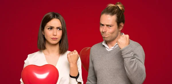 Couple Valentine Day Angry Gesture Red Background — Stock Photo, Image