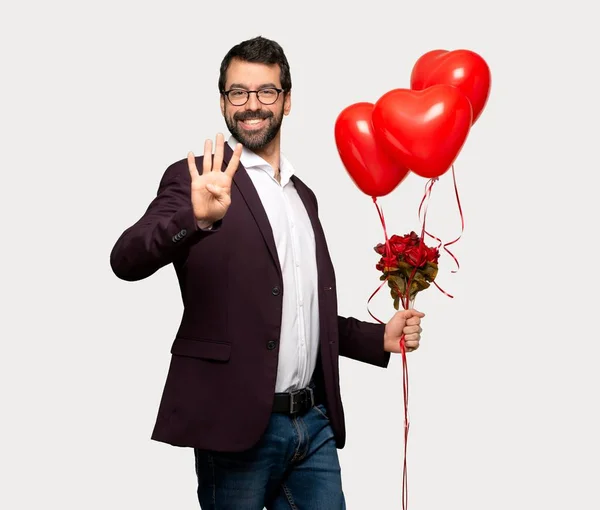 Uomo Nel Giorno San Valentino Felice Contando Quattro Con Dita — Foto Stock