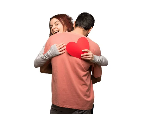 Pareja San Valentín Abrazándose Con Una Rosa Sobre Fondo Blanco —  Fotos de Stock