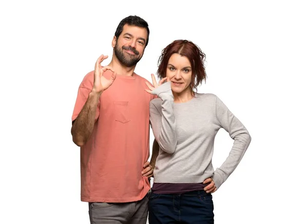 Paar Valentinstag Zeigt Ein Zeichen Mit Fingern Auf Isoliertem Weißem — Stockfoto
