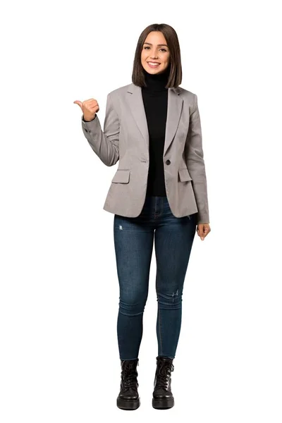 Full Length Shot Young Business Woman Pointing Side Present Product — Stock Photo, Image