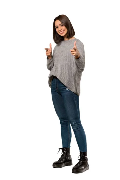 Full Length Shot Young Woman Pointing Front Smiling Isolated White — Stock Photo, Image