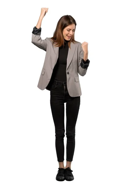 Full Length Shot Business Woman Celebrating Victory Isolated White Background — Stock Photo, Image