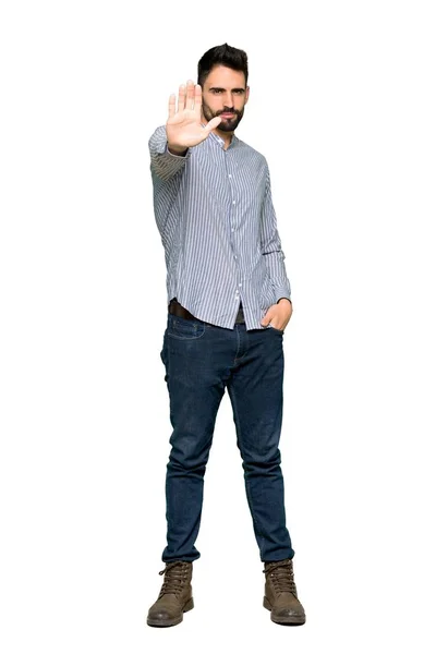 Tirador Cuerpo Entero Hombre Elegante Con Camisa Haciendo Stop Gesture — Foto de Stock