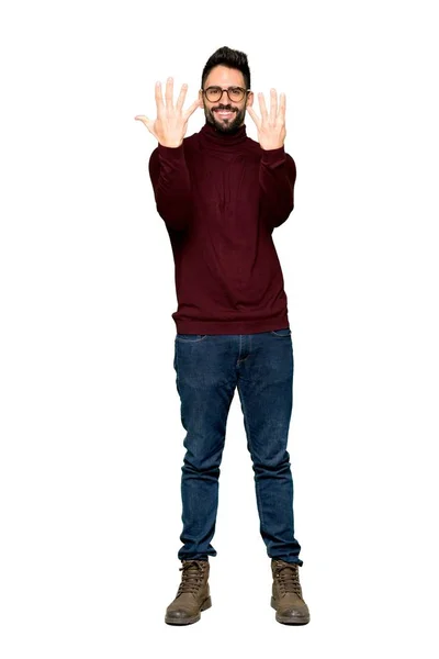 Полнометражный Снимок Красавчика Очках Девятью Пальцами Изолированном Белом Фоне — стоковое фото