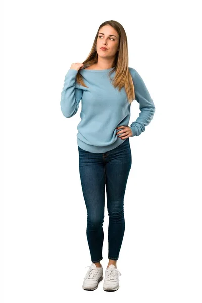 Cuerpo Completo Mujer Rubia Con Camisa Azul Con Expresión Cansada —  Fotos de Stock