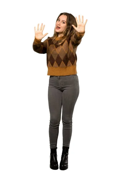 Uma Foto Completa Uma Adolescente Com Camisola Marrom Contando Dez — Fotografia de Stock
