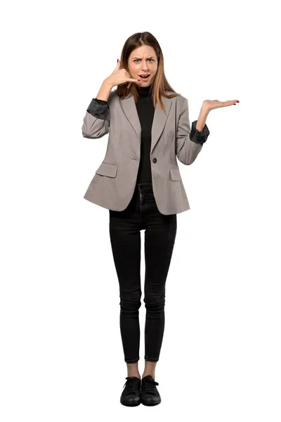 Full Length Shot Business Woman Making Phone Gesture Doubting Isolated — Stock Photo, Image