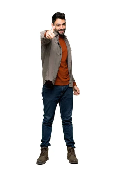 Full Length Shot Handsome Man Beard Giving Thumbs Gesture Because — Stock Photo, Image