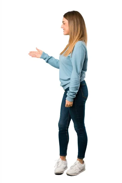 Ganzkörper Der Blonden Frau Mit Blauem Hemd Händeschütteln Nach Einem — Stockfoto