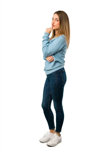 Corpo Inteiro Mulher Loira Com Camisa Azul Mostrando Sinal Fechamento — Fotografia de Stock