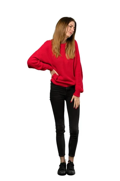 Full Length Shot Young Woman Red Sweater Suffering Backache Having — Stock Photo, Image