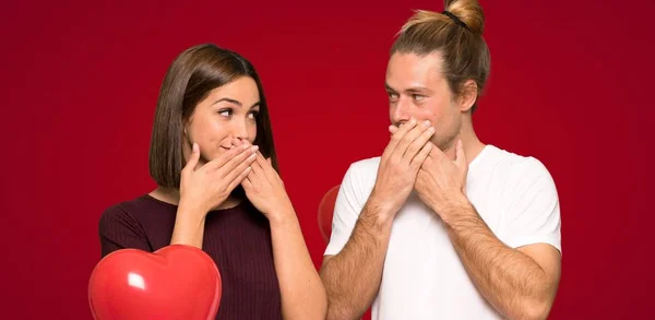 Couple Valentine Day Covering Mouth Hands Red Background — Stock Photo, Image