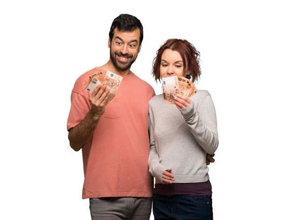 Pareja Día San Valentín Tomando Montón Dinero Sobre Fondo Blanco —  Fotos de Stock