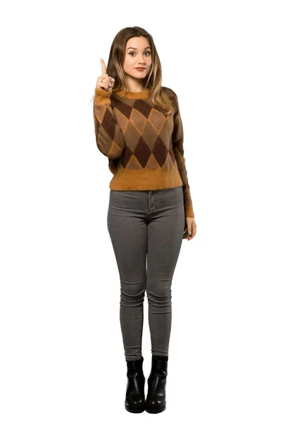 Full Length Shot Una Ragazza Adolescente Con Maglione Marrone Pensando — Foto Stock