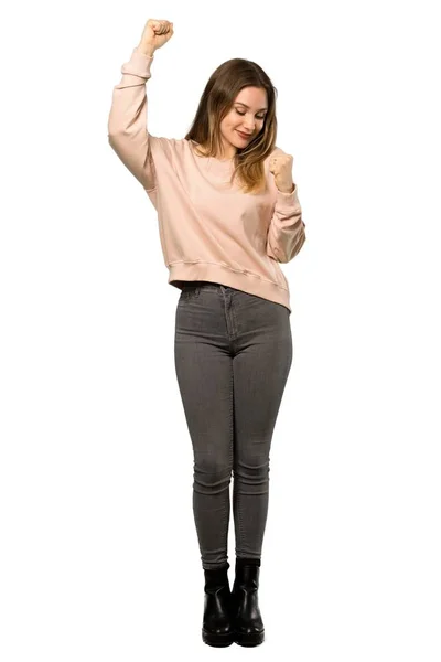 Full Length Shot Teenager Girl Pink Sweater Celebrating Victory Isolated — Stock Photo, Image