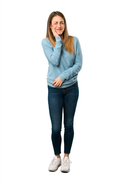 Corpo Inteiro Mulher Loira Com Camisa Azul Com Dor Dente — Fotografia de Stock