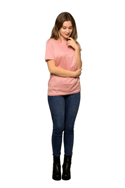 Full Length Shot Teenager Girl Pink Sweater Looking Side Hand — Stock Photo, Image