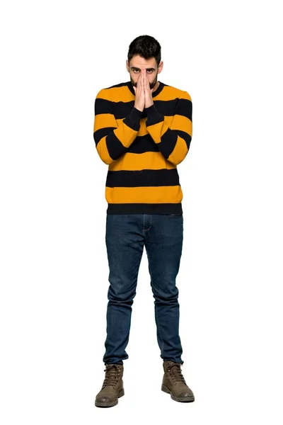 Full Length Shot Handsome Man Striped Sweater Keeps Palm Together — Stock Photo, Image
