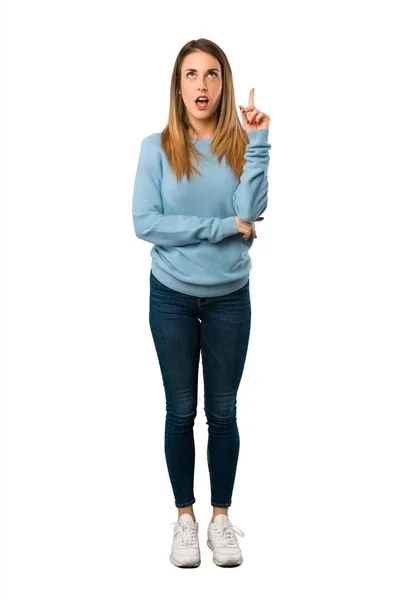 Full Body Blonde Woman Blue Shirt Thinking Idea Pointing Finger — Stock Photo, Image