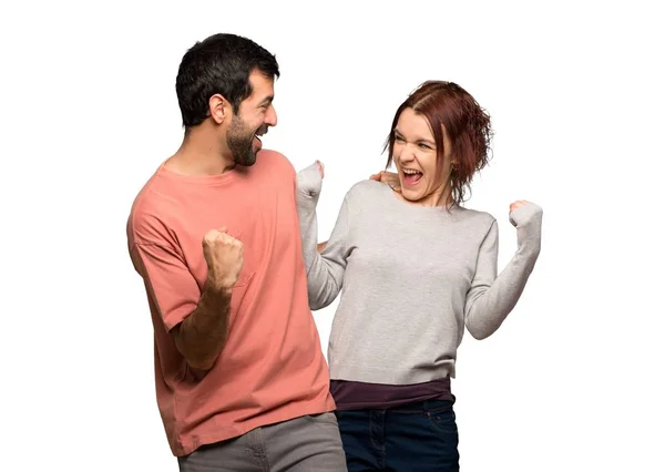 Pareja Día San Valentín Celebrando Una Victoria Posición Ganadora Sobre — Foto de Stock