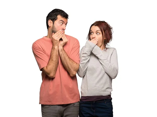 Couple Valentine Day Covering Mouth Hands Isolated White Background — Stock Photo, Image