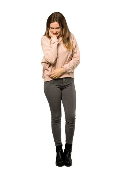 Full Length Shot Teenager Girl Pink Sweater Toothache Isolated White — Stock Photo, Image