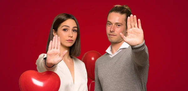 Couple Valentine Day Making Stop Gesture Denying Situation Thinks Wrong — Stock Photo, Image