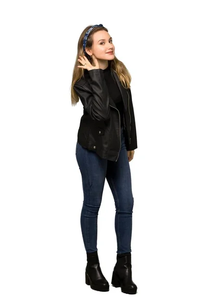 Full Length Shot Teenager Girl Leather Jacket Listening Something Putting — Stock Photo, Image