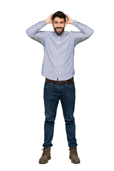 Full Length Shot Elegant Man Shirt Takes Hands Head Because — Stock Photo, Image