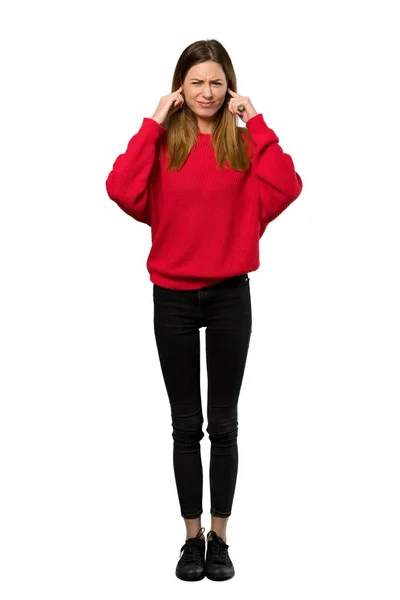 Full Length Shot Young Woman Red Sweater Frustrated Covering Ears — Stock Photo, Image