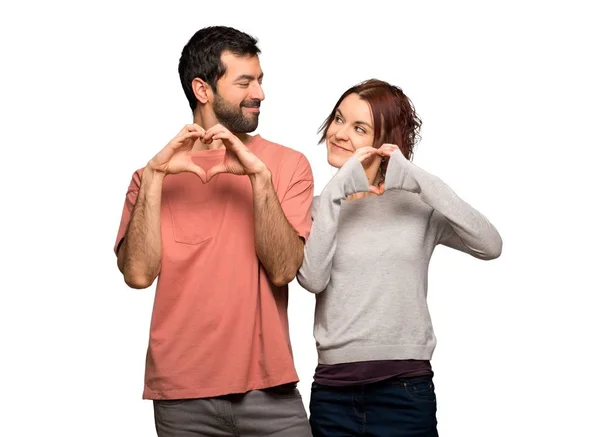 Paar Valentine Dag Maken Hartsymbool Door Handen Geïsoleerde Witte Achtergrond — Stockfoto