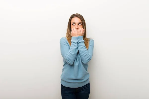 Blonde Woman Isolated White Background Little Bit Nervous Scared Putting — Stock Photo, Image