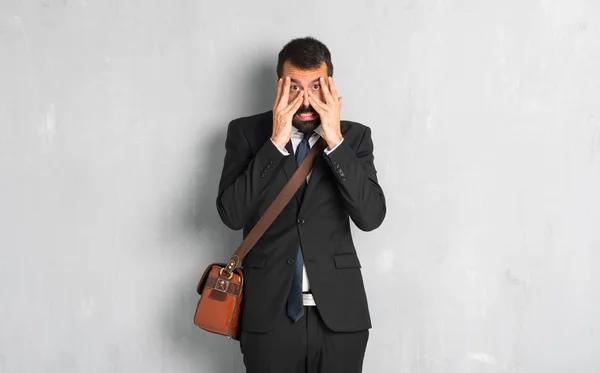 Businessman Beard Surprised Covering Face Hands While Looking Fingers — Stock Photo, Image