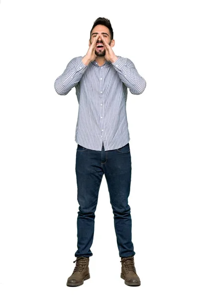 Full Length Shot Elegant Man Shirt Shouting Announcing Something Isolated — Stock Photo, Image