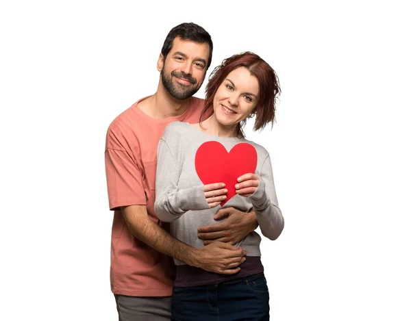 Pareja Día San Valentín Sosteniendo Símbolo Del Corazón Sobre Fondo — Foto de Stock