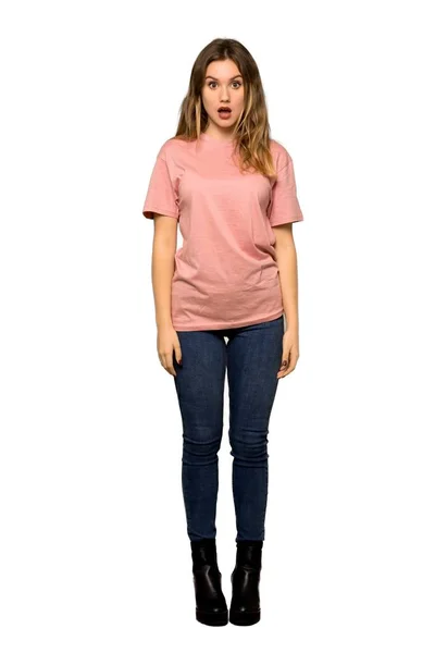 Полнометражный Снимок Девочки Подростка Розовом Свитере Сюрпризом Шокированным Выражением Лица — стоковое фото