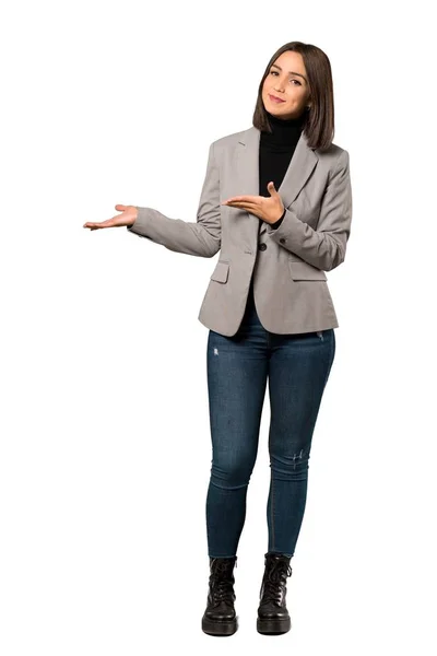 Full Length Shot Young Business Woman Presenting Idea While Looking — Stock Photo, Image