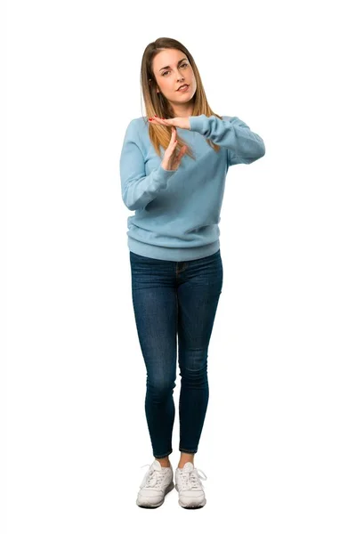 Ganzkörper Der Blonden Frau Mit Blauem Hemd Macht Stop Geste — Stockfoto
