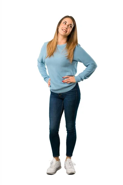 Full Body Blonde Woman Blue Shirt Posing Arms Hip Laughing — Stock Photo, Image