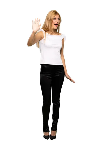 Young Blonde Woman Saluting Hand Happy Expression Isolated White Background — Stock Photo, Image