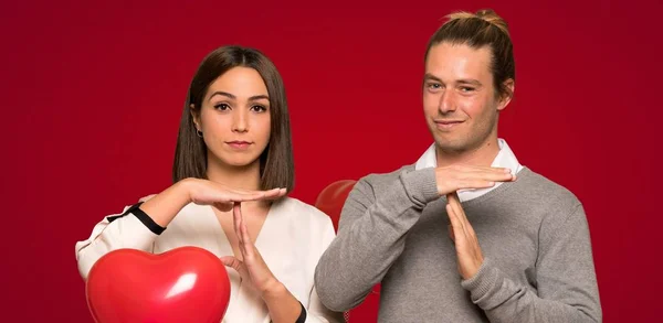 Couple Valentine Day Making Stop Gesture Her Hand Stop Act — Stock Photo, Image