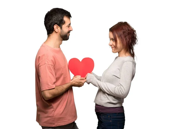 Couple Valentine Day Holding Gift Box Isolated White Background — Stock Photo, Image